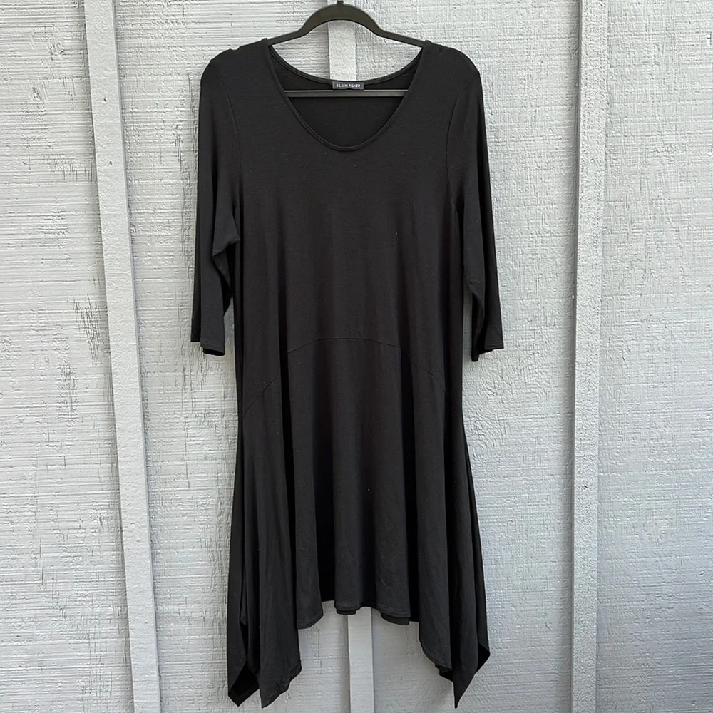 Eileen Fisher Asymmetrical Black Dress 3/4 Sleeve, Black, Large